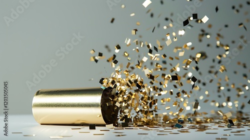 A gold confetti popper, its top popped open and confetti scattered everywhere.