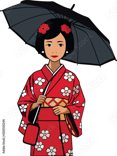 Japanese woman wearing red kimono holding umbrella