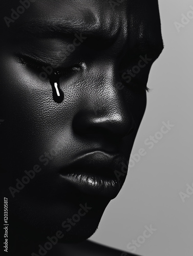 black and white portrait of a young man with a tear on his cheek, highlighting raw emotion, vulnerability, and beauty, perfect for artistic, dramatic, and timeless visual storytelling photo