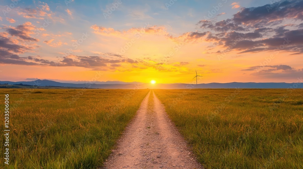 Sunset over grassy field, road to horizon, wind turbine. Peaceful landscape, travel, nature Sunset over grassy field, road to horizon, wind turbine. Peaceful landscape, travel, nature