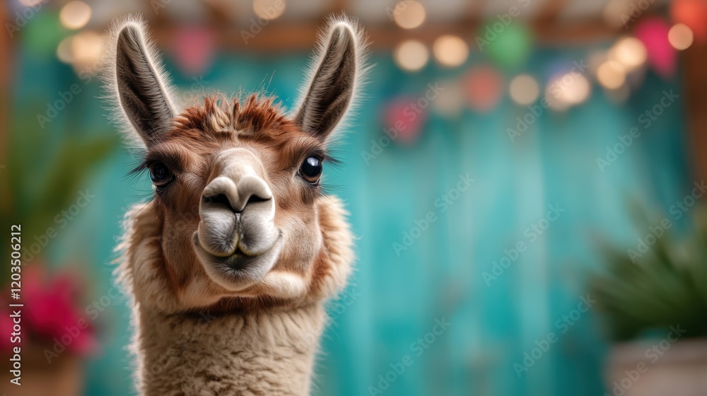 Obraz premium This enchanting image captures a happy llama sporting a delightful expression, framed against a beautifully decorated colorful background that enhances the overall cheerful vibe.