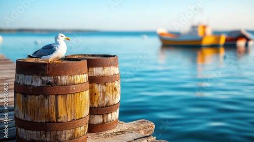 A serene scene featuring a seagull perched on rustic barrels, perfectly embodying life in a calm harbor surrounded by shimmering waters and boats. photo