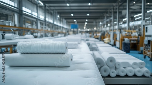 Modern bed manufacturing plant with neatly stacked mattress coils, fabric rolls, and automated stitching machines.