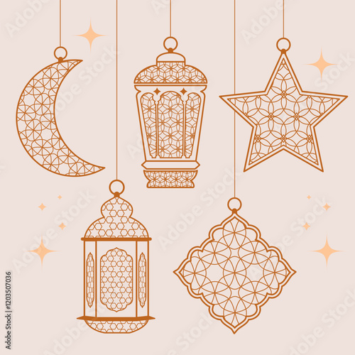 2d vector lantern, moon, star with arab pattern illustration set ,Ramadan Kareem concept, Eid Mubarak dectorative