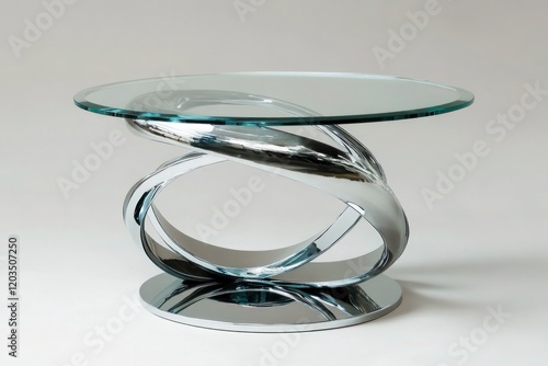A unique two-tiered glass table with a spiraling chrome base.