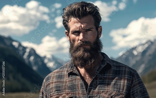 A rugged outdoorsman with a full beard and intense gaze, wearing a flannel shirt, standing in a vast mountain landscape