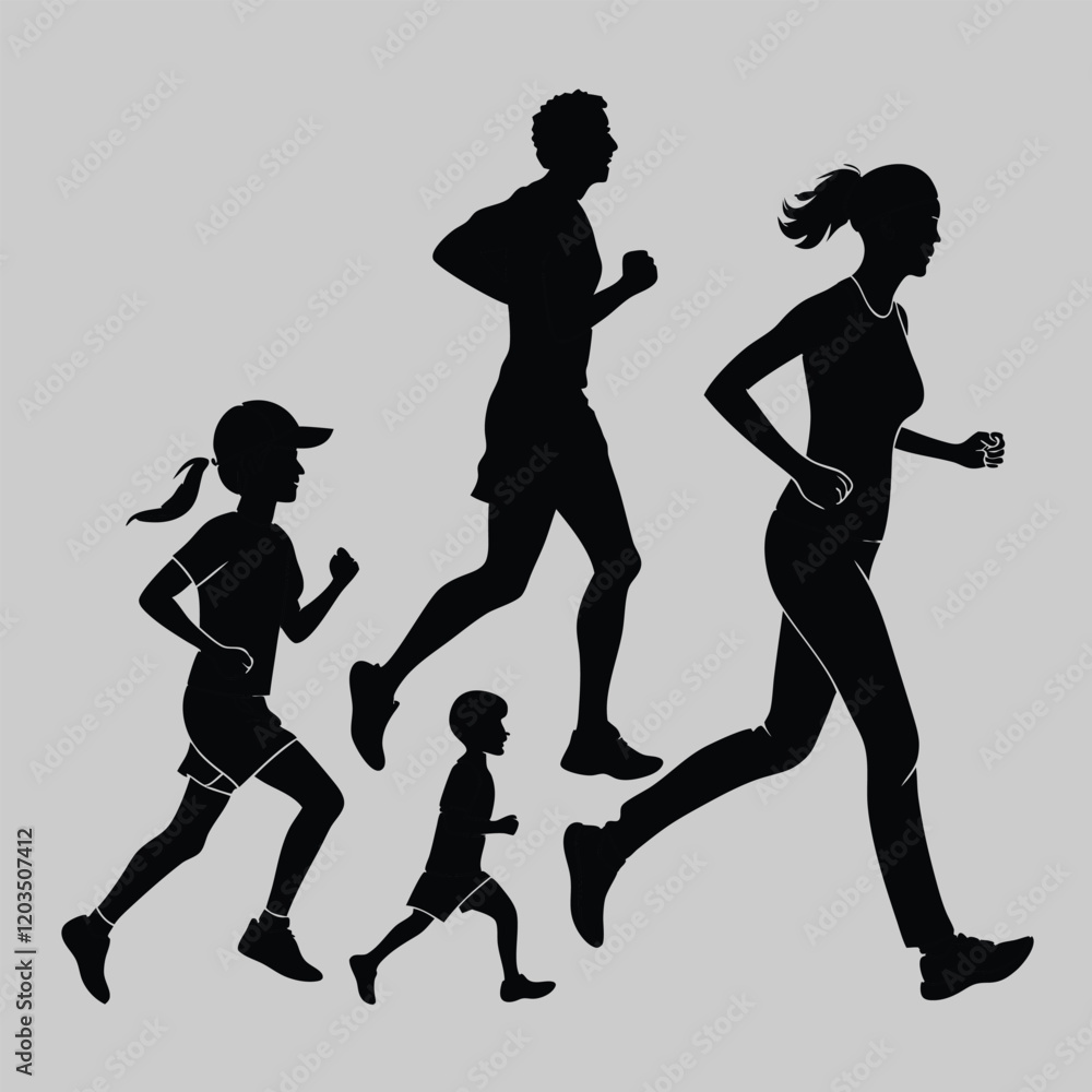 Fototapeta premium male female and children jogging silhouette vector design art and illustration