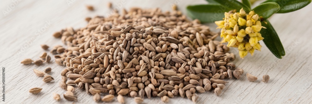 A banner with an image of cumin seeds. In the picture, cumin seeds are scattered on a light wooden surface. In the background there is a small twig with green leaves and yellow cumin flowers. A banner with an image of cumin seeds. In the picture, cumin seeds are scattered on a light wooden surface. In the background there is a small twig with green leaves and yellow cumin flowers.