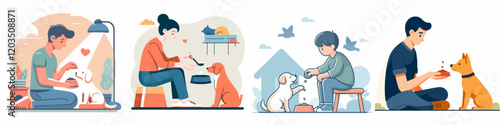 illustration set of person feeds a pet