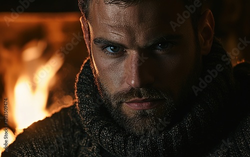 A ruggedly handsome man with a short beard and deep-set eyes, wearing a warm sweater, against a cozy fireplace-lit background photo