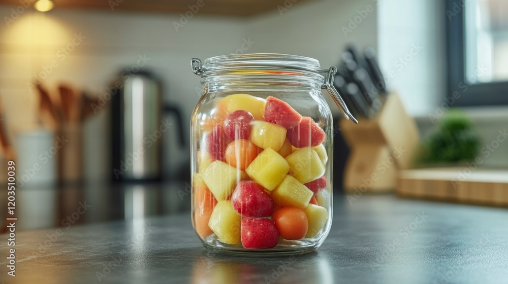 Frozen fruit cubes in a clear glass jar Frozen fruit cubes in a clear glass jar