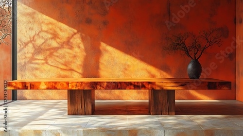 Sunlit Wooden Table Against Orange Wall With Branch In Vase photo