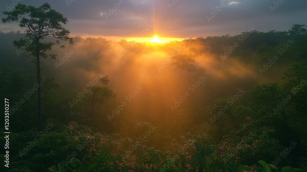 A mesmerizing sunrise illuminates a misty forest landscape with golden rays piercing through the atmospheric haze A mesmerizing sunrise illuminates a misty forest landscape with golden rays piercing through the atmospheric haze