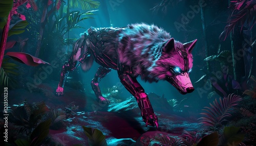 Cyberpunk wolf in neon jungle. Futuristic robotic canine in vibrant, surreal environment. Digital art, fantasy creature. photo