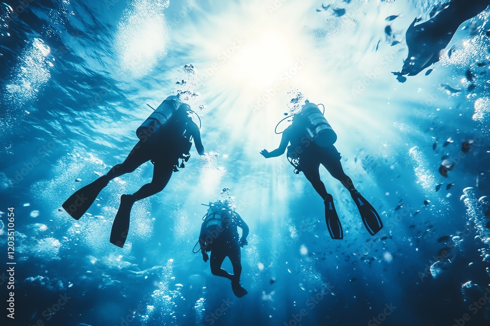 custom made wallpaper toronto digitalThree scuba divers explore a sunlit ocean, creating a breathtaking underwater scene. Perfect for adventure, travel, and diving themes.