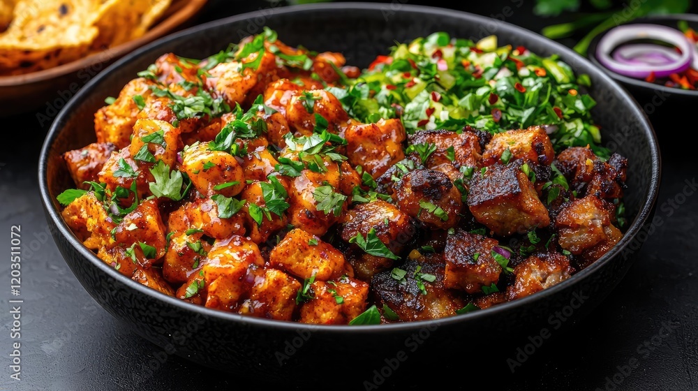 Spicy grilled meat and tofu bowl with salad Spicy grilled meat and tofu bowl with salad