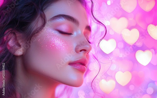 Wallpaper Mural A soft-focus beauty shot of a woman with luminous rose-toned highlighter, glowing against a dreamy pink and purple heart-filled background Torontodigital.ca