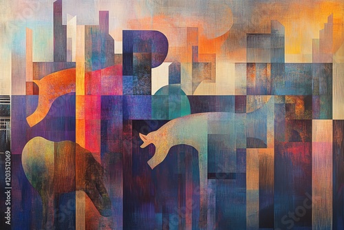 Abstract cityscape painting with colorful geometric shapes and animal forms, evoking a sense of urban energy and nature's resilience. photo