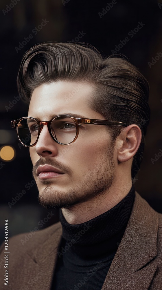 Obraz premium Retro-inspired mens hairstyle banner showcasing pompadours and side-parted cuts, with a classic barber shop aesthetic.