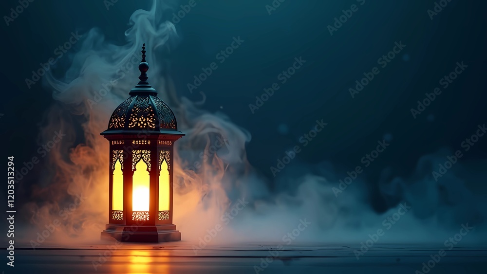 Beautiful Islamic lantern on a dark blue smoky background, embodying the essence of Ramadan and Eid al-Fitr festivities, generative ai Beautiful Islamic lantern on a dark blue smoky background, embodying the essence of Ramadan and Eid al-Fitr festivities, generative ai