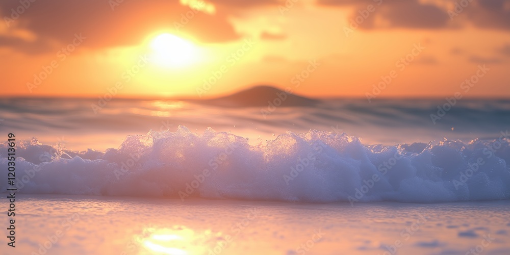 Warm sunlight reflects off gentle waves as the sun sets over the calm ocean horizon Warm sunlight reflects off gentle waves as the sun sets over the calm ocean horizon