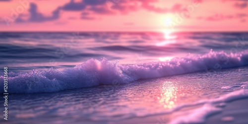 Colorful sunset over calm ocean waves reflecting pink hues on tranquil shoreline during early evening