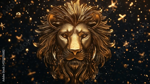 A detailed golden lion head on a dark background with gold accents and star shaped motifs photo