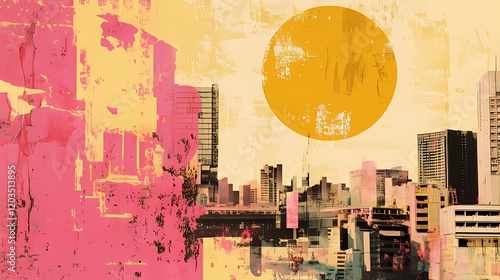 retro grunge pink and yellow collage poster with asian cityscape, different mixed textures