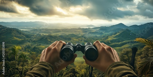 Hands holding binoculars, overlooking a lush green valley under a cloudy sky, first-person perspective enhancing the immersive experience, sense of exploration and wonder, selective focus

