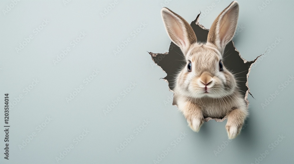 Obraz premium aster bunny poster peeking out of a hole in the wall with copy space, rabbit jumps out of a torn hole