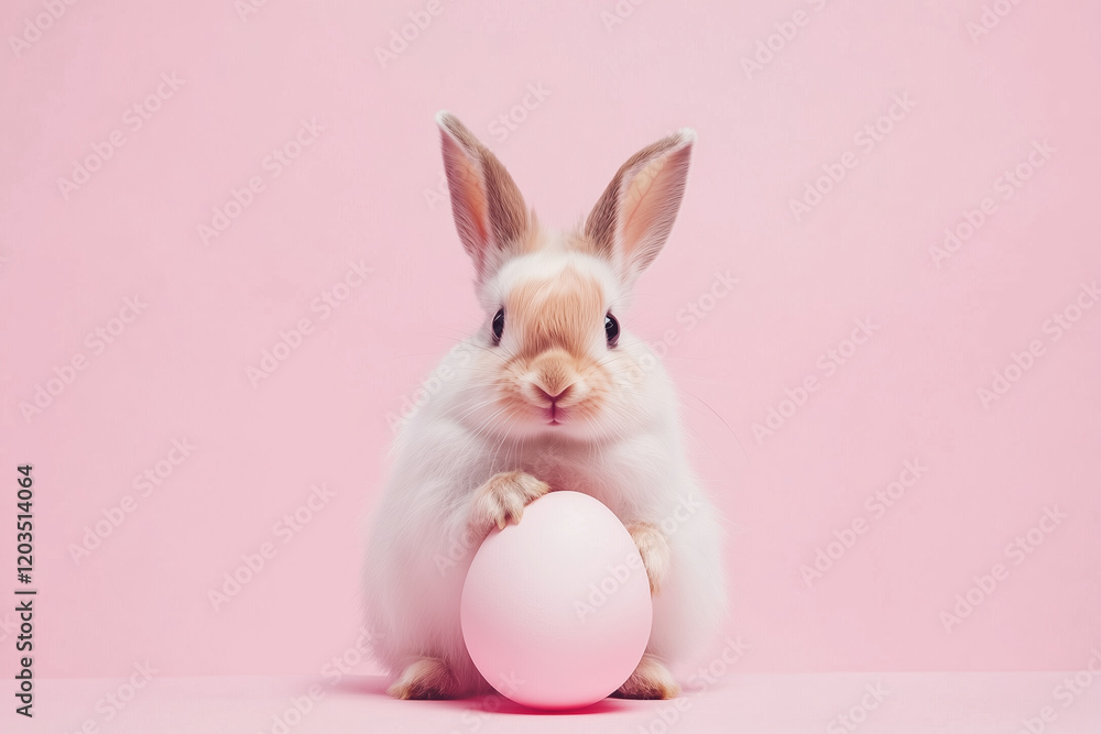 Obraz premium White rabbit with pink easter egg on pink background. Holiday and spring content