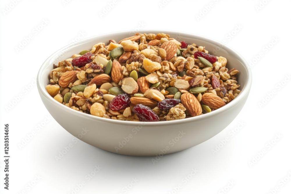 Healthy granola mix with nuts and dried fruit in a bowl placed on a plain surface Healthy granola mix with nuts and dried fruit in a bowl placed on a plain surface