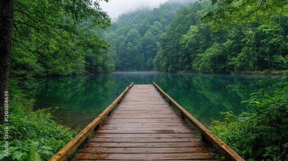 Serene mountain lake dock, misty forest backdrop, peaceful nature scene, ideal for travel brochures Serene mountain lake dock, misty forest backdrop, peaceful nature scene, ideal for travel brochures