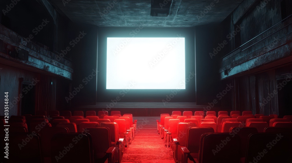 Fototapeta premium People in the cinema auditorium with Cinema blank wide screen and red chairs in the cinema hall,People silhouettes watching movie performance,empty white screen,space for text,copy space.