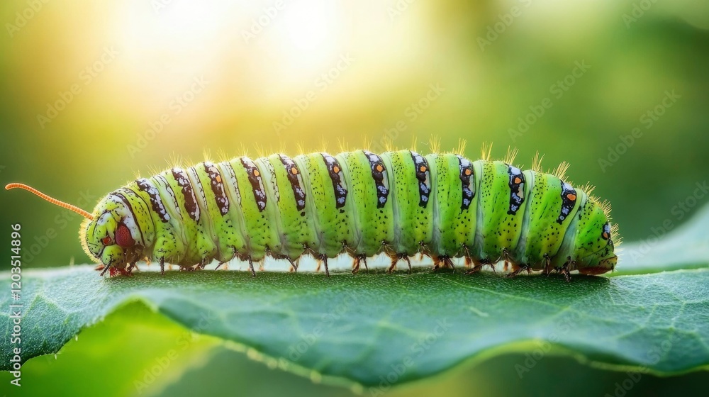 Green caterpillar on leaf basking in sunlight Green caterpillar on leaf basking in sunlight
