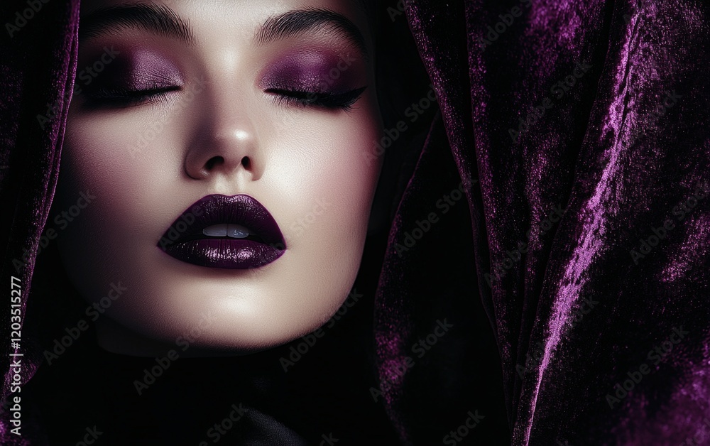 A striking beauty shot of a woman with glossy deep plum lips, softly glowing against a rich velvet-textured background