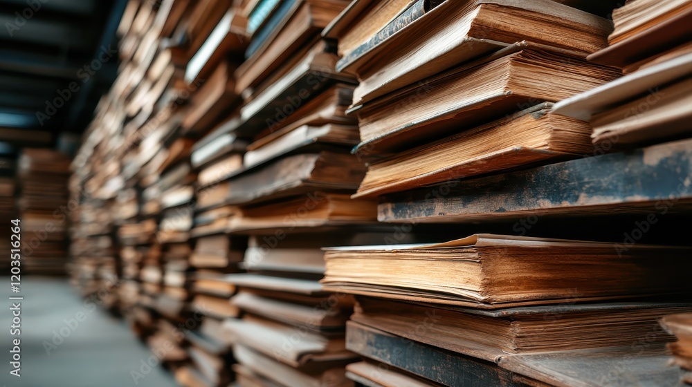 Obraz premium The image presents a close-up view of tightly stacked vintage books in a library, emphasizing their rich texture and the warmth of the aged pages.