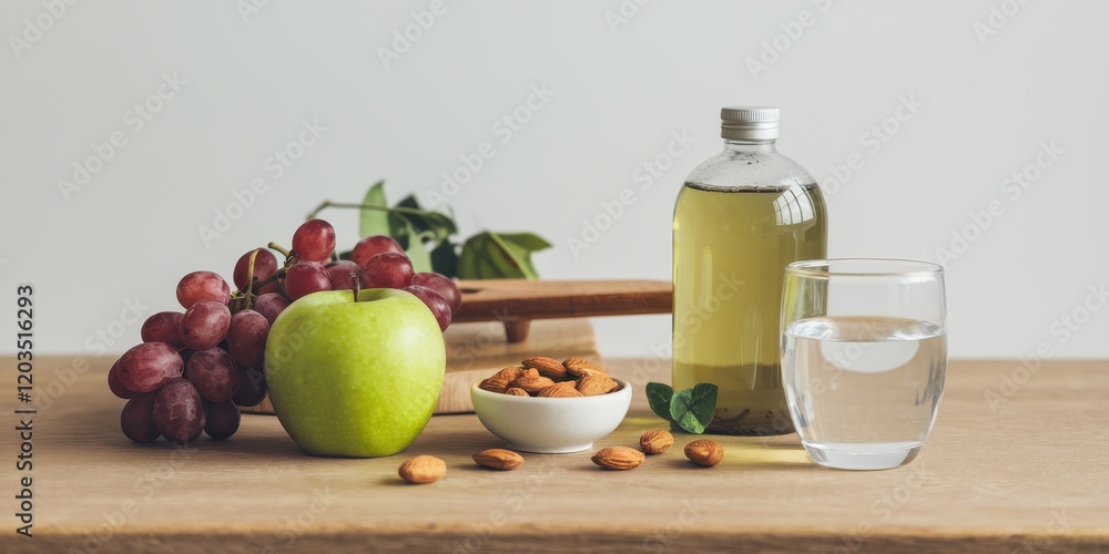 Healthy lifestyle choices with fruits nuts and drinks Healthy lifestyle choices with fruits nuts and drinks