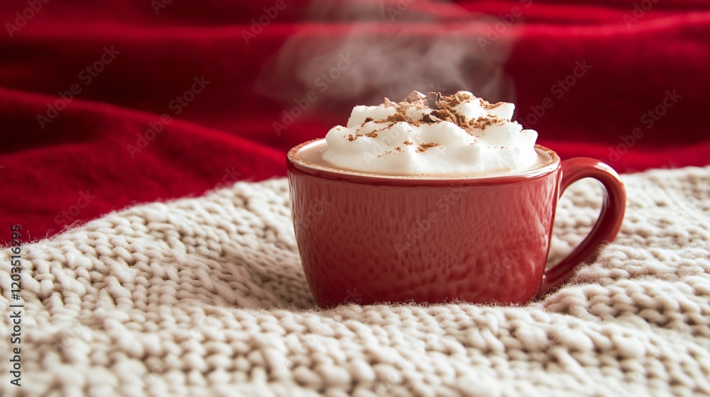 Cozy Winter Hot Chocolate in Red Mug on Knit Blanket Cozy Winter Hot Chocolate in Red Mug on Knit Blanket