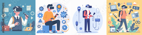 illustration set of people using VR