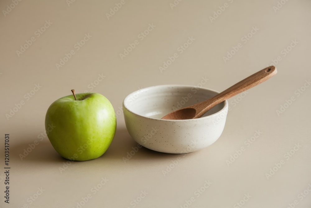 Green apple beside a speckled bowl and wooden spoon Green apple beside a speckled bowl and wooden spoon
