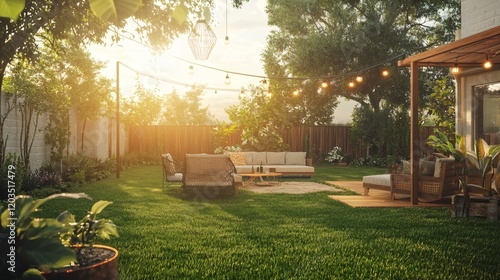 44. A sunny backyard with a vintage patio set and modern string lights hanging above