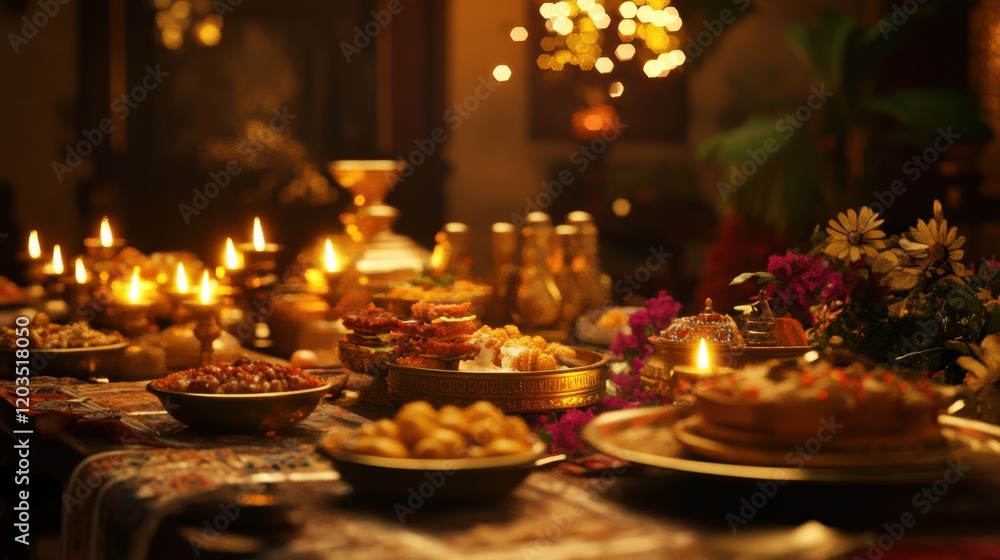 Naklejka premium Festive dinner table filled with traditional Indian dishes,Indian traditional sweets set,Mix indian milk made sweets of indian and pakistani festivals.