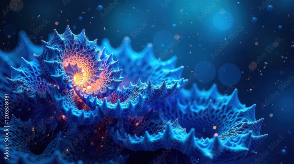 Abstract Blue Fractal Formation with Glowing Core and Intricate Details Abstract Blue Fractal Formation with Glowing Core and Intricate Details