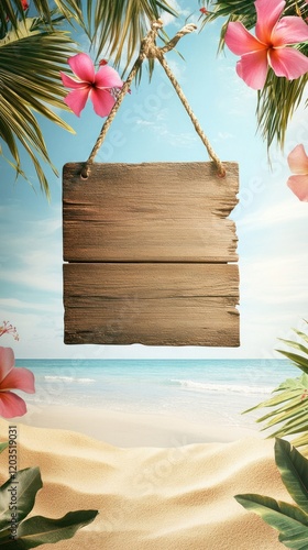 Summer product display template featuring a wooden sign with tropical flowers, clear skies, and soft golden sand in a beach setting.