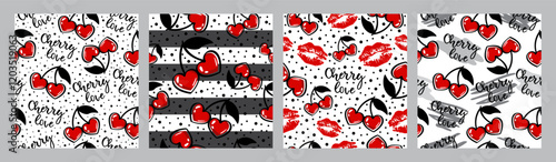 A set of cherry patterns on a white background.