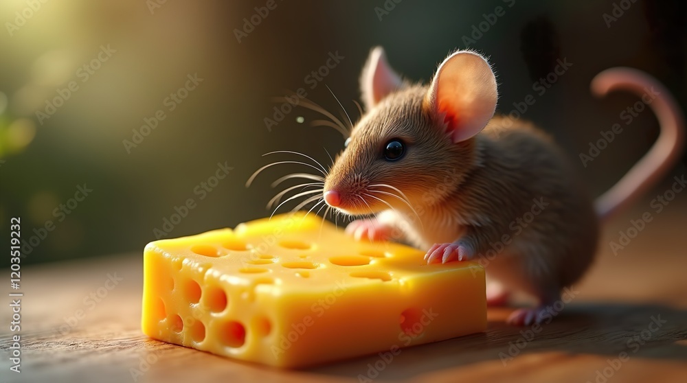 Fototapeta premium Curious Delight: A Mouse Face-to-Face with Cheese