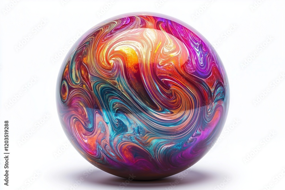 A vibrant metallic bowling ball with intricate swirling patterns, isolated on white. A vibrant metallic bowling ball with intricate swirling patterns, isolated on white.