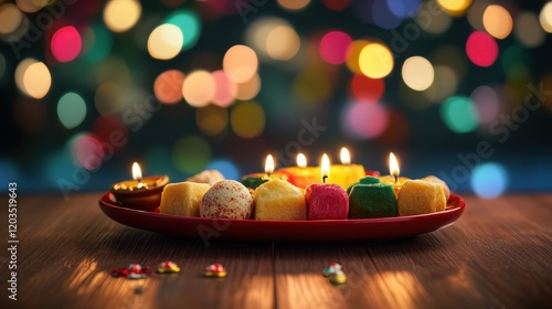 Festive dinner table filled with traditional Indian dishes,Indian traditional sweets set,Mix indian milk made sweets of indian and pakistani festivals. photo