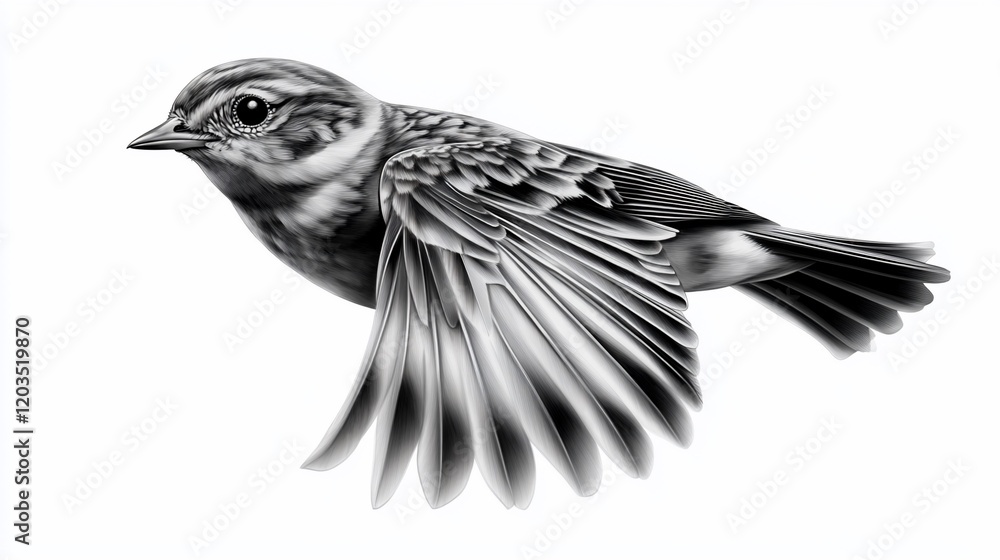 Fototapeta premium Detailed monochromatic illustration of a bird in flight against a white background